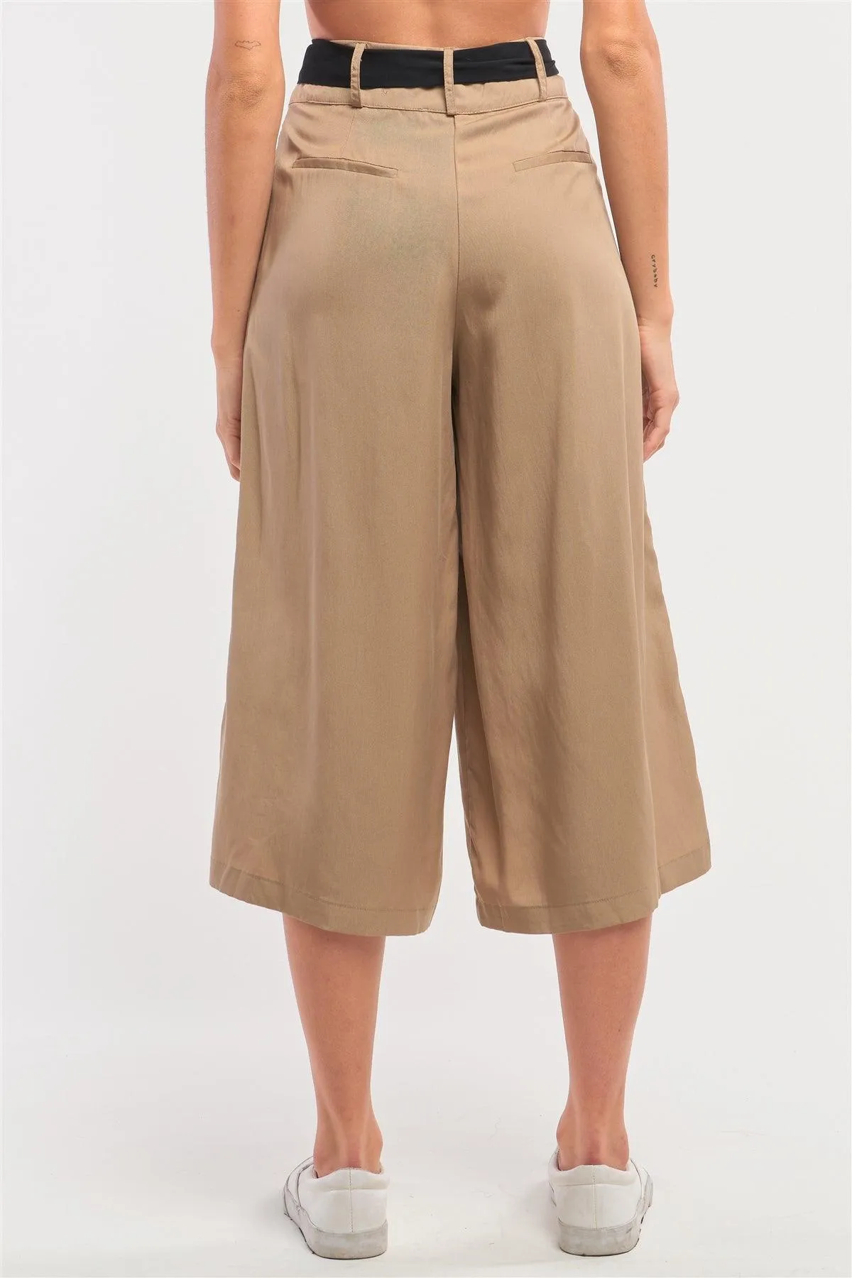 Beige High Waist Self-Tie Belt Detail Flare Capri Pants /1-3-2