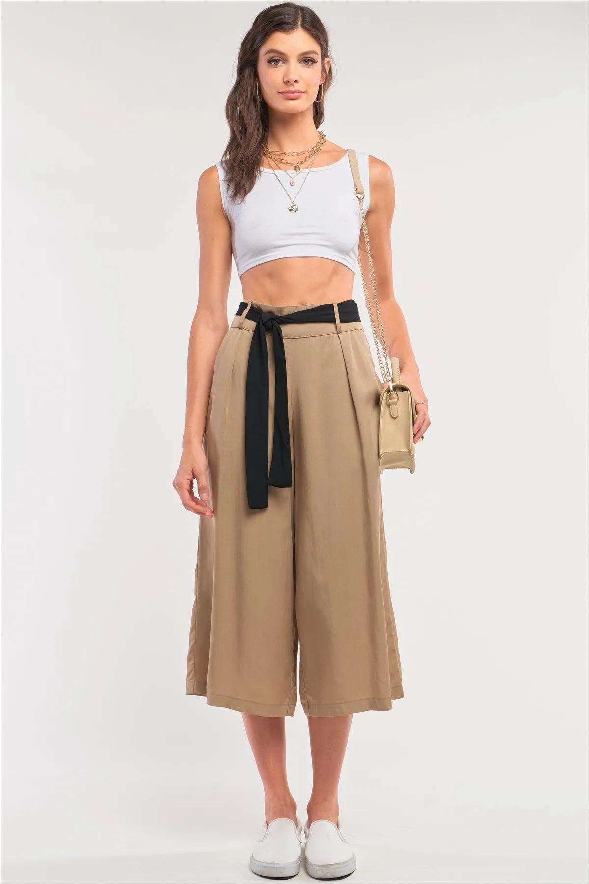 Beige High Waist Self-Tie Belt Detail Flare Capri Pants /1-3-2