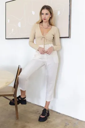 Beige Tie Scoop-Neck Long Sleeve Bodysuit