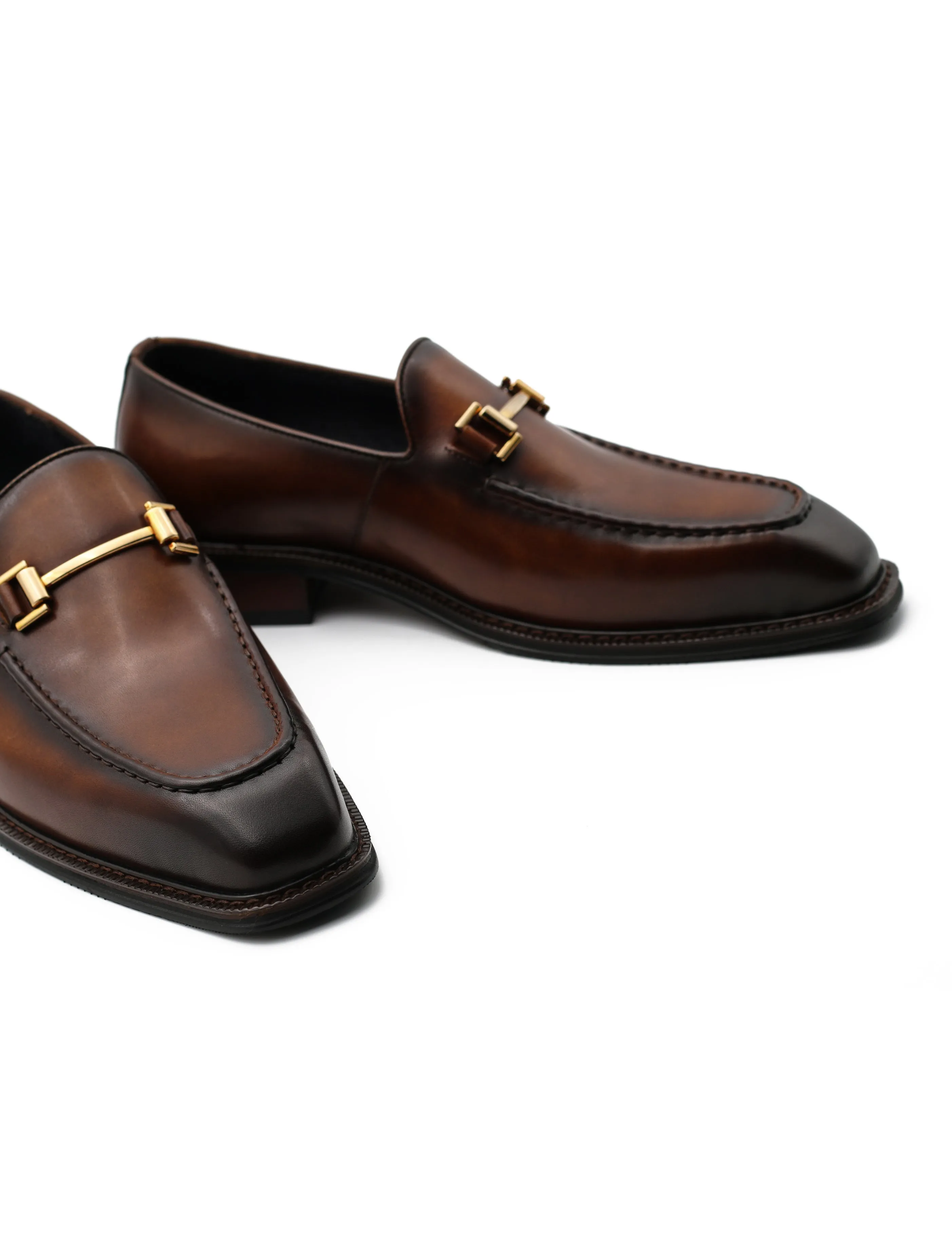 BROWN POLISHED LEATHER SNAFFLE BIT DRESS LOAFERS