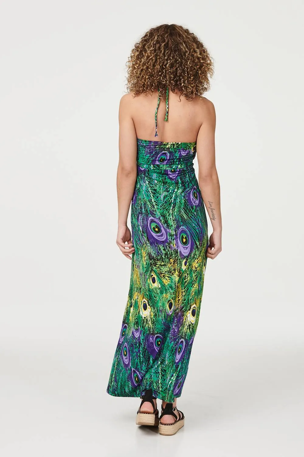 Peacock Print Halterneck Maxi Dress