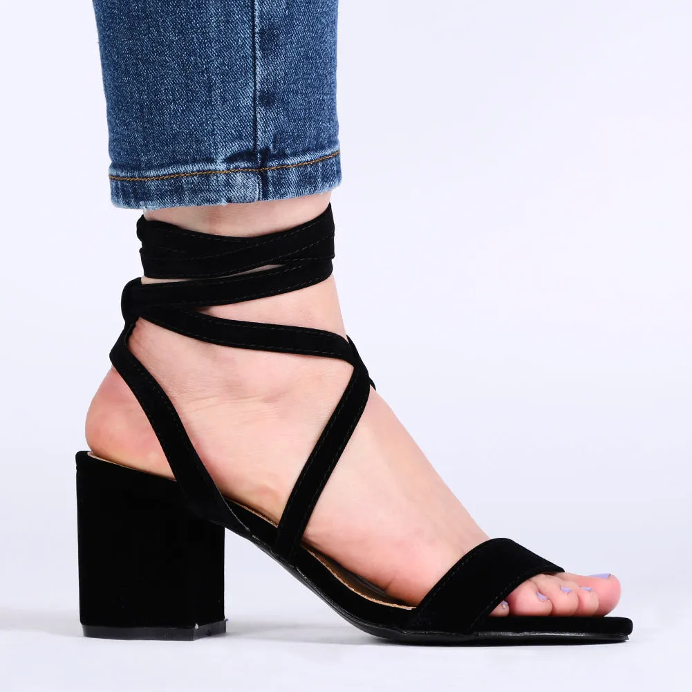 Sophie Heeled Sandals in Black Faux Suede