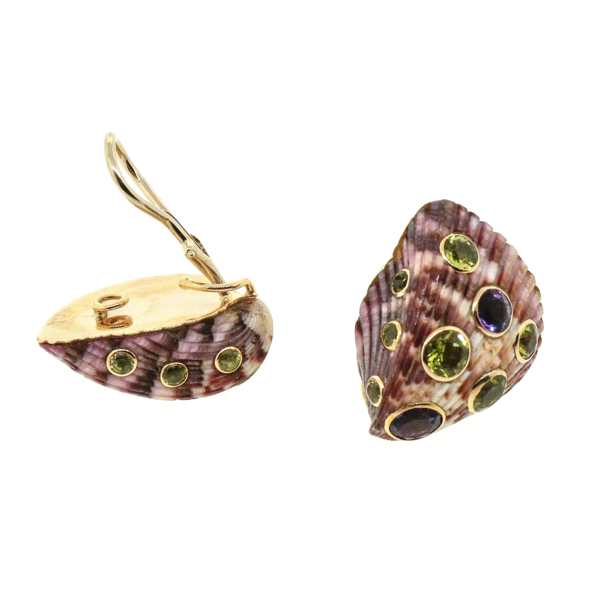 Trianon 14k Yellow Gold Sea Shell Amethyst and Peridot Clip-0n Earrings