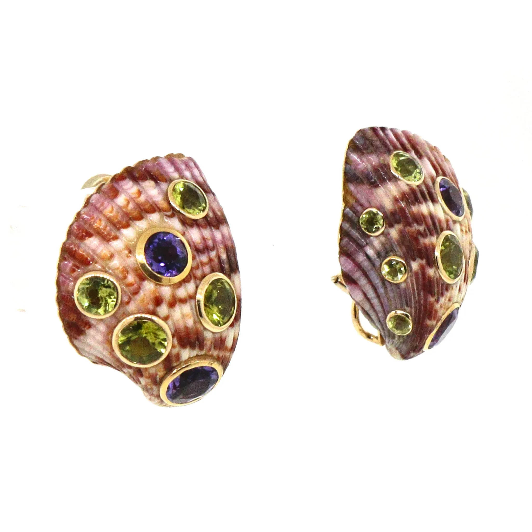 Trianon 14k Yellow Gold Sea Shell Amethyst and Peridot Clip-0n Earrings