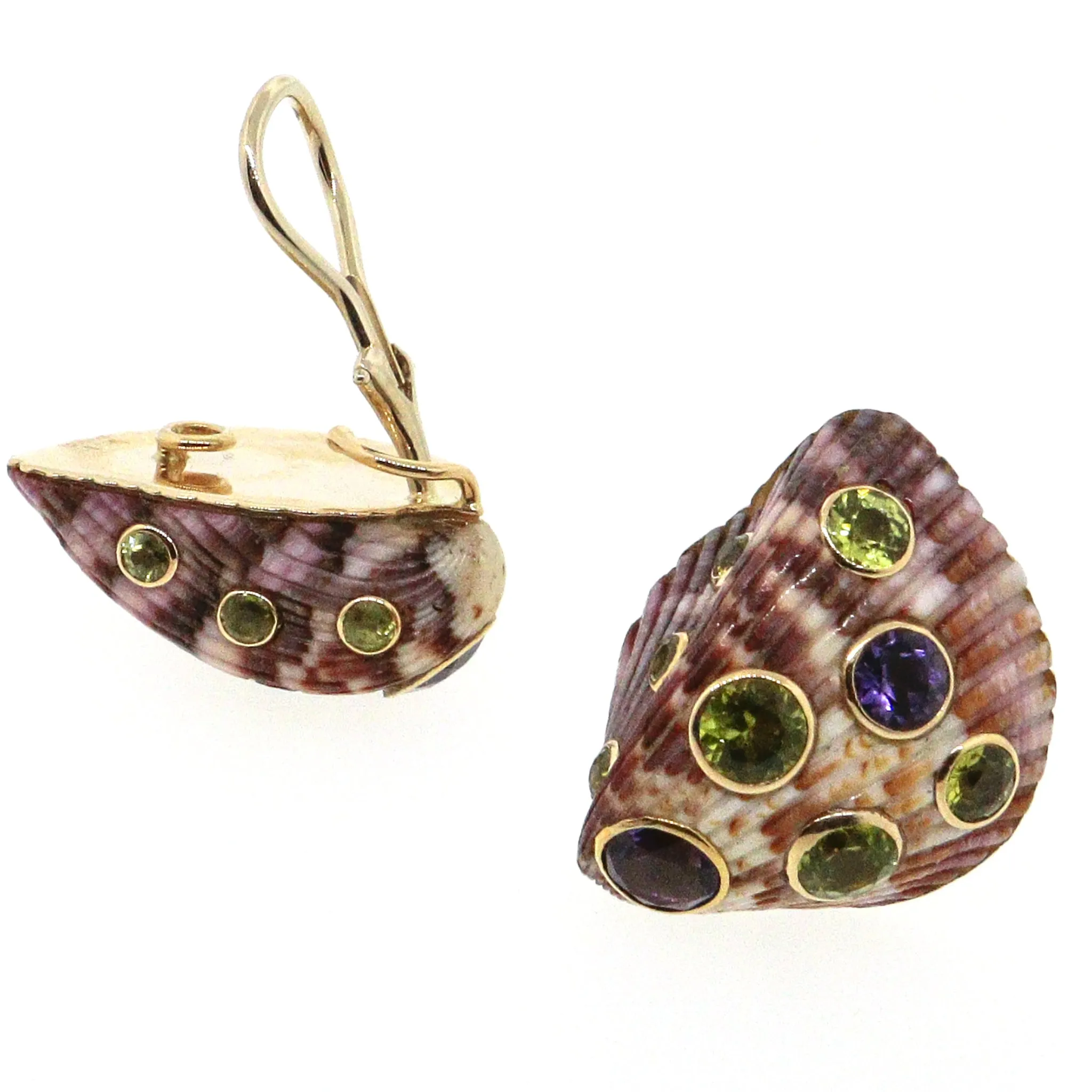 Trianon 14k Yellow Gold Sea Shell Amethyst and Peridot Clip-0n Earrings